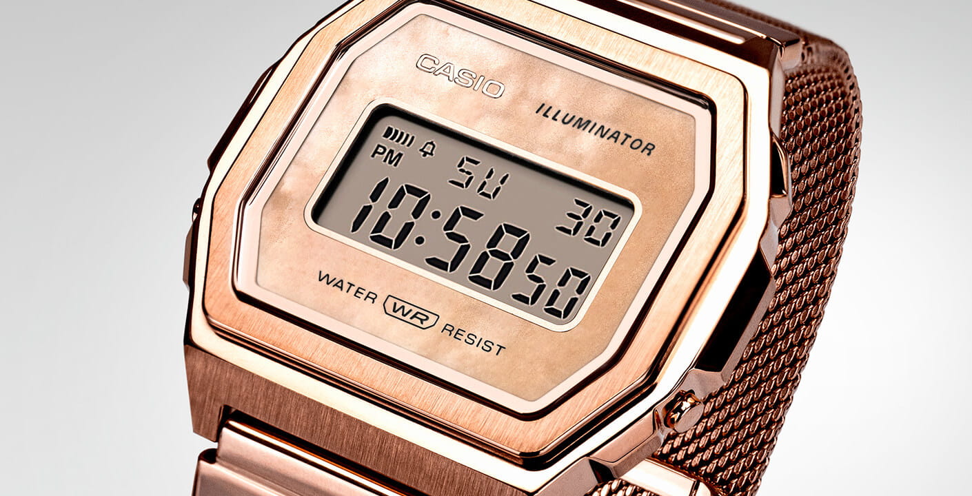 Casio Casio Collection A1000MPG-9 электронные мужские часы часы крупный план розовый циферблата