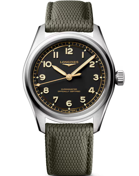 Longines Longines Spirit Pilot 39 mm L3.809.4.53.9  L38094539 механические мужские часы черный циферблат, браслет каучук — вид спереди