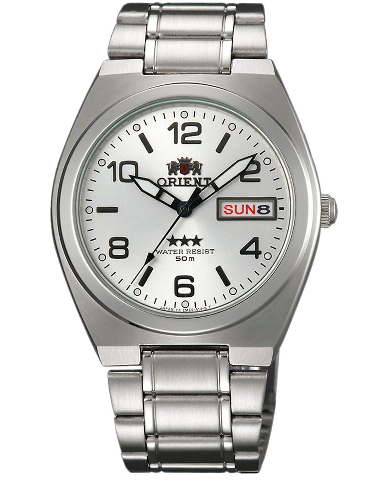 Orient Orient 3 Stars AB08003W  AB08003W механические мужские часы белый циферблат, браслет нержавеющая сталь — вид спереди