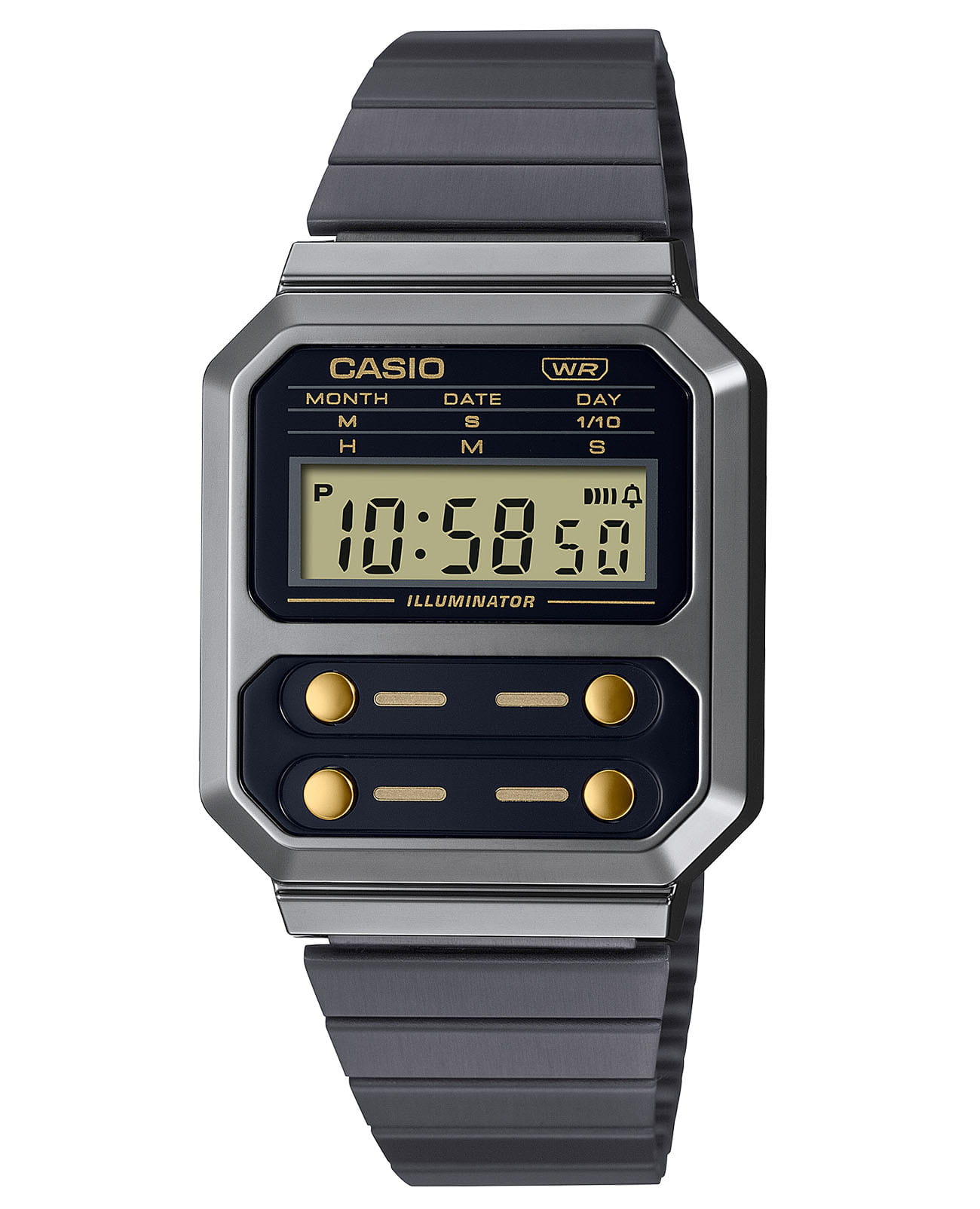 Casio Casio Vintage A100WEGG-2A  A100WEGG-2A кварцевые мужские часы черный циферблат, браслет нержавеющая сталь — вид спереди
