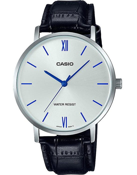 Casio Casio Collection MTP-VT01L-7B1UDF (MTP-VT01L-7B1)  MTP-VT01L-7B1 кварцевые мужские часы серебристый циферблат, браслет кожаный — вид спереди
