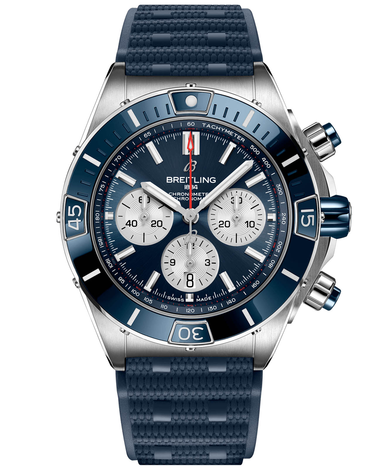 Breitling Breitling Super Chronomat B01 44 AB0136161C1S1  AB0136161C1S1 механические мужские часы синий циферблат, браслет каучук — вид спереди