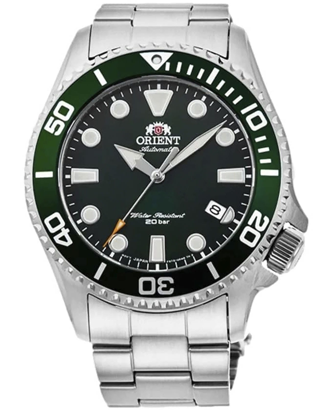 Orient Orient Diving Sport RA-AC0K02E (RN-AC0K02E)  RA-AC0K02E механические мужские часы зеленый циферблат, браслет нержавеющая сталь — вид спереди
