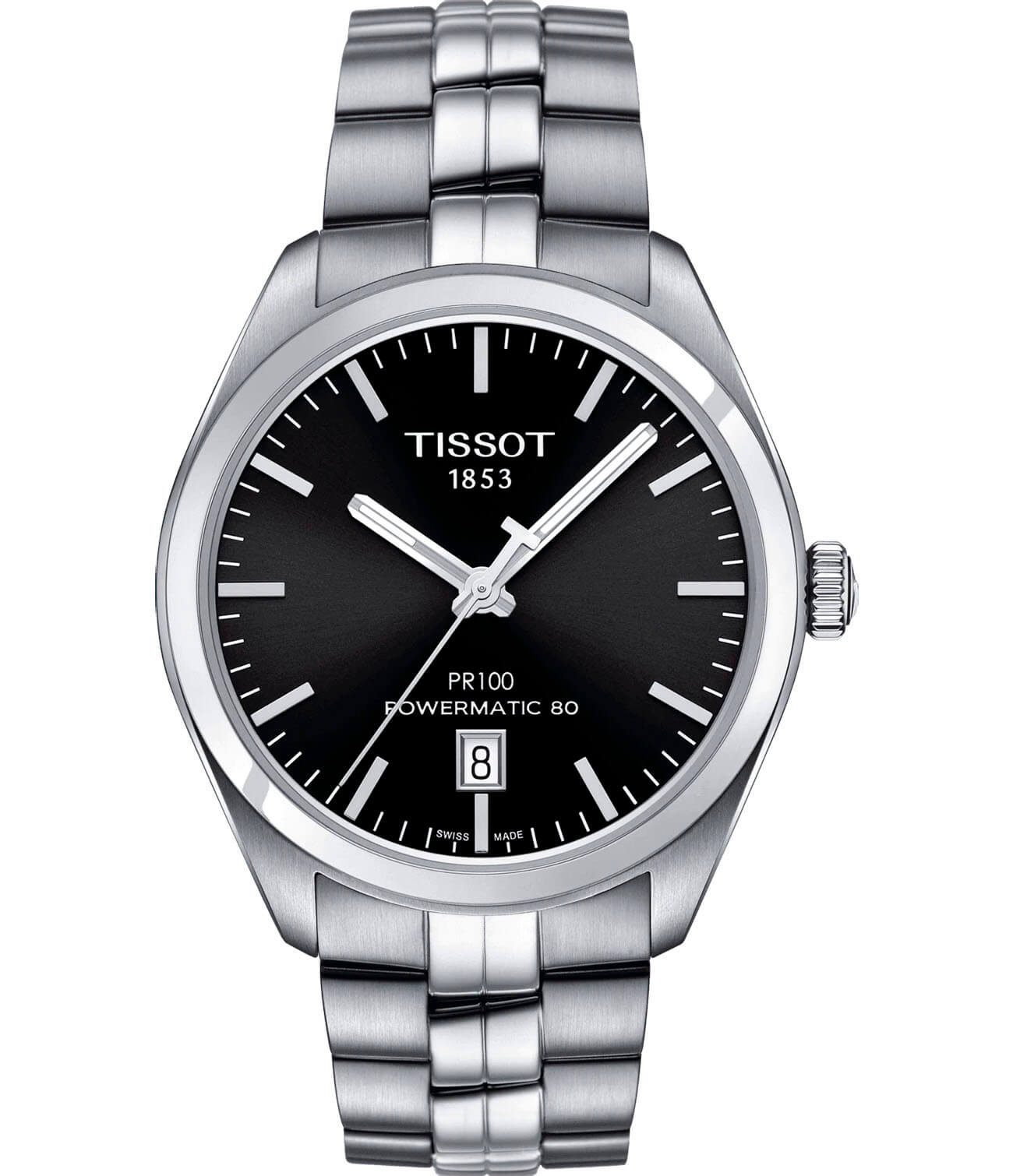 Tissot Tissot PR 100 Powermatic 80 T101.407.11.051.00 PR 100 T1014071105100 механические мужские часы черный циферблат, браслет нержавеющая сталь — вид спереди