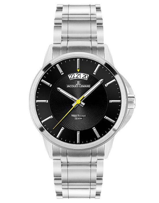 Jacques Lemans Jacques Lemans 1-1540D  1-1540D кварцевые мужские часы черный циферблат, браслет нержавеющая сталь — вид спереди