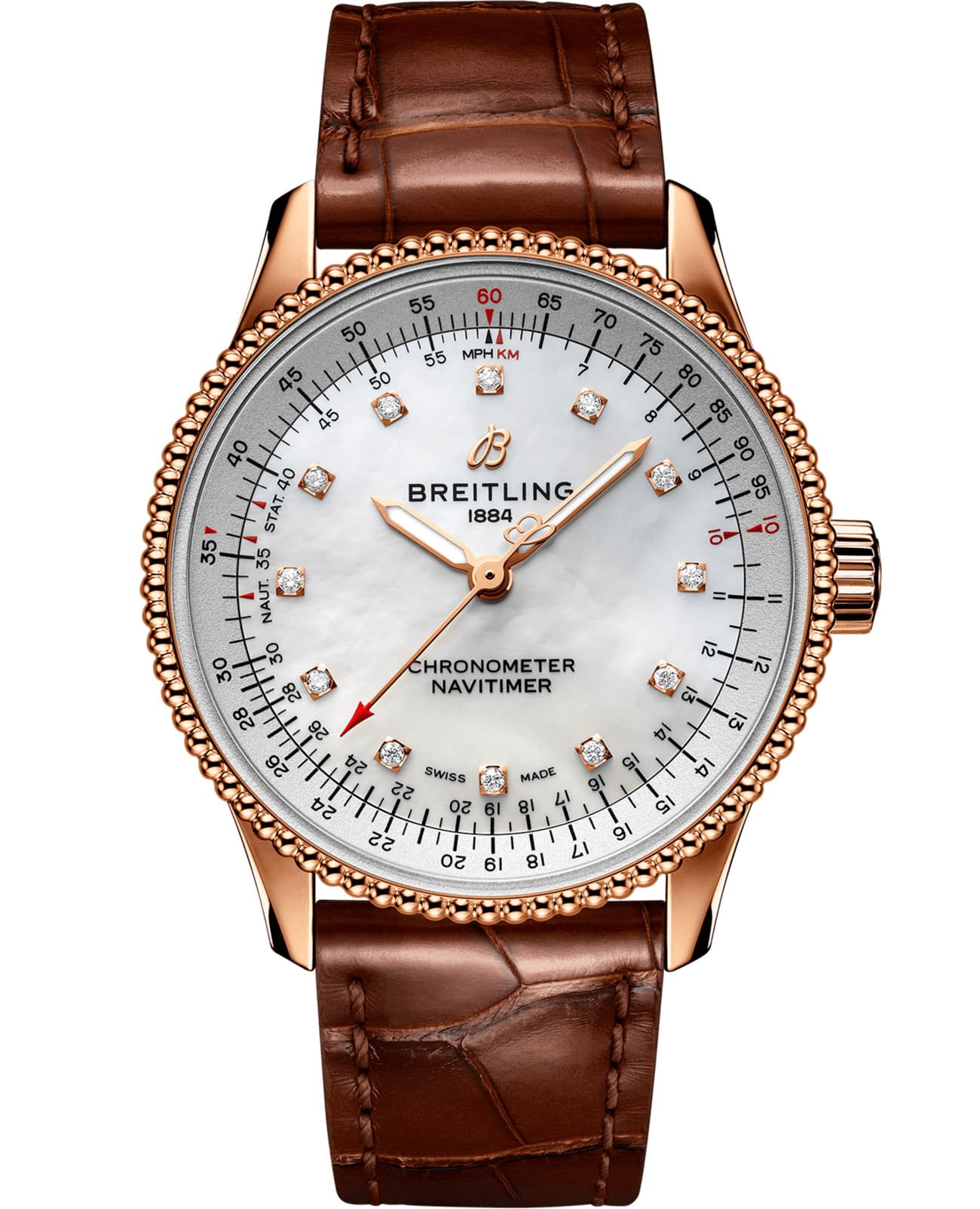 Breitling Breitling Navitimer Automatic 35 R17395211A1P2  R17395211A1P2 механические женские часы белый циферблат, браслет кожаный — вид спереди
