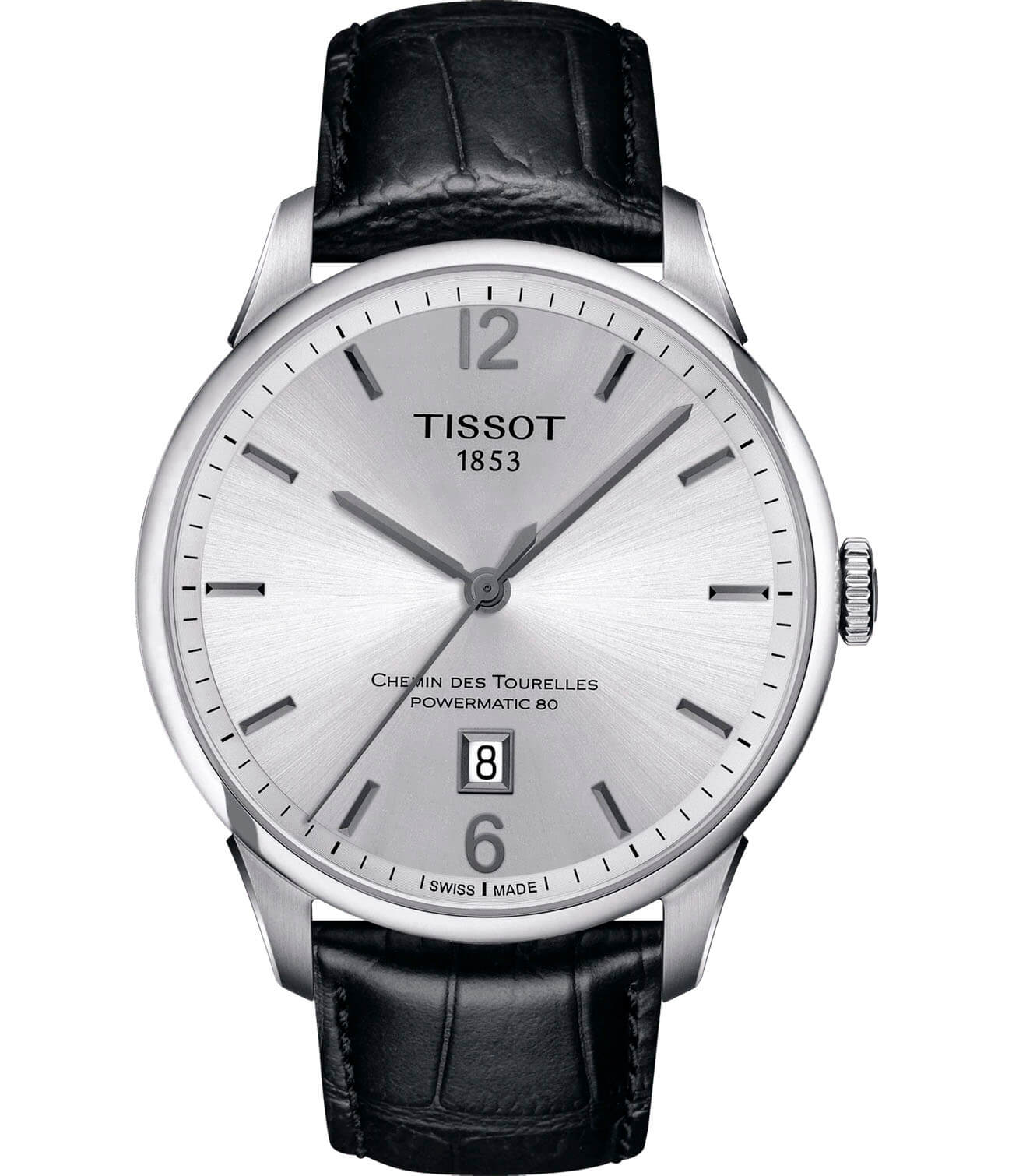 Tissot Tissot Chemin des Tourelles Powermatic 80 T099.407.16.037.00 Chemin des Tourelles T0994071603700 механические мужские часы серебристый циферблат, браслет кожаный — вид спереди