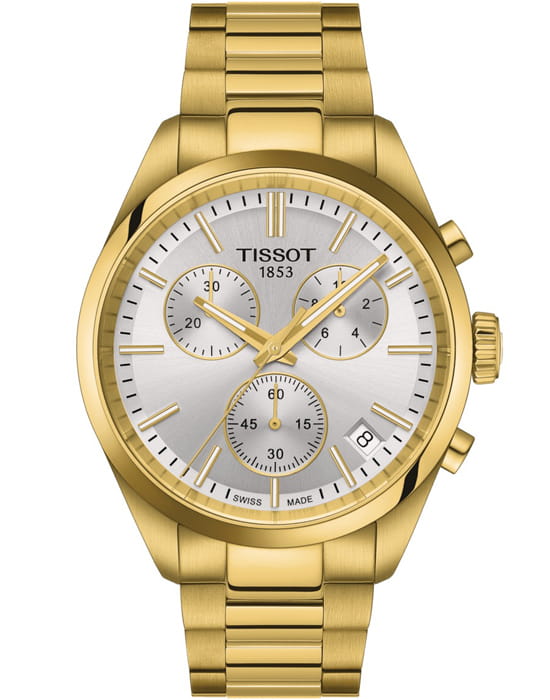 Tissot Tissot PR 100 Chronograph T150.417.33.031.00 PR 100 T1504173303100  кварцевые мужские часы серебристый циферблат, браслет нержавеющая сталь с pvd-покрытием — вид спереди