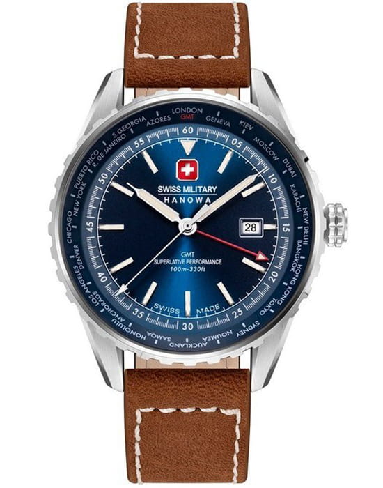 Swiss Military Hanowa Swiss Military Hanowa Afterburn Gmt SMWGB0003202  SMWGB0003202 кварцевые мужские часы синий циферблат, браслет кожаный — вид спереди