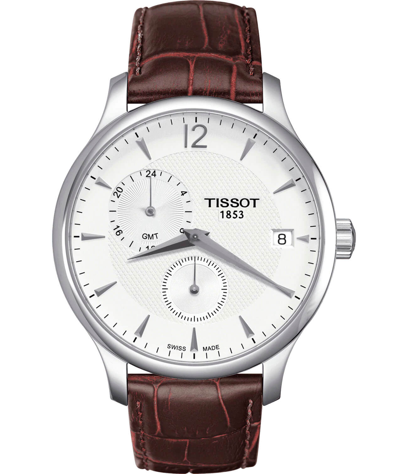 Tissot Tissot Tradition GMT T063.639.16.037.00 Tradition T0636391603700 кварцевые мужские часы белый циферблат, браслет кожаный — вид спереди