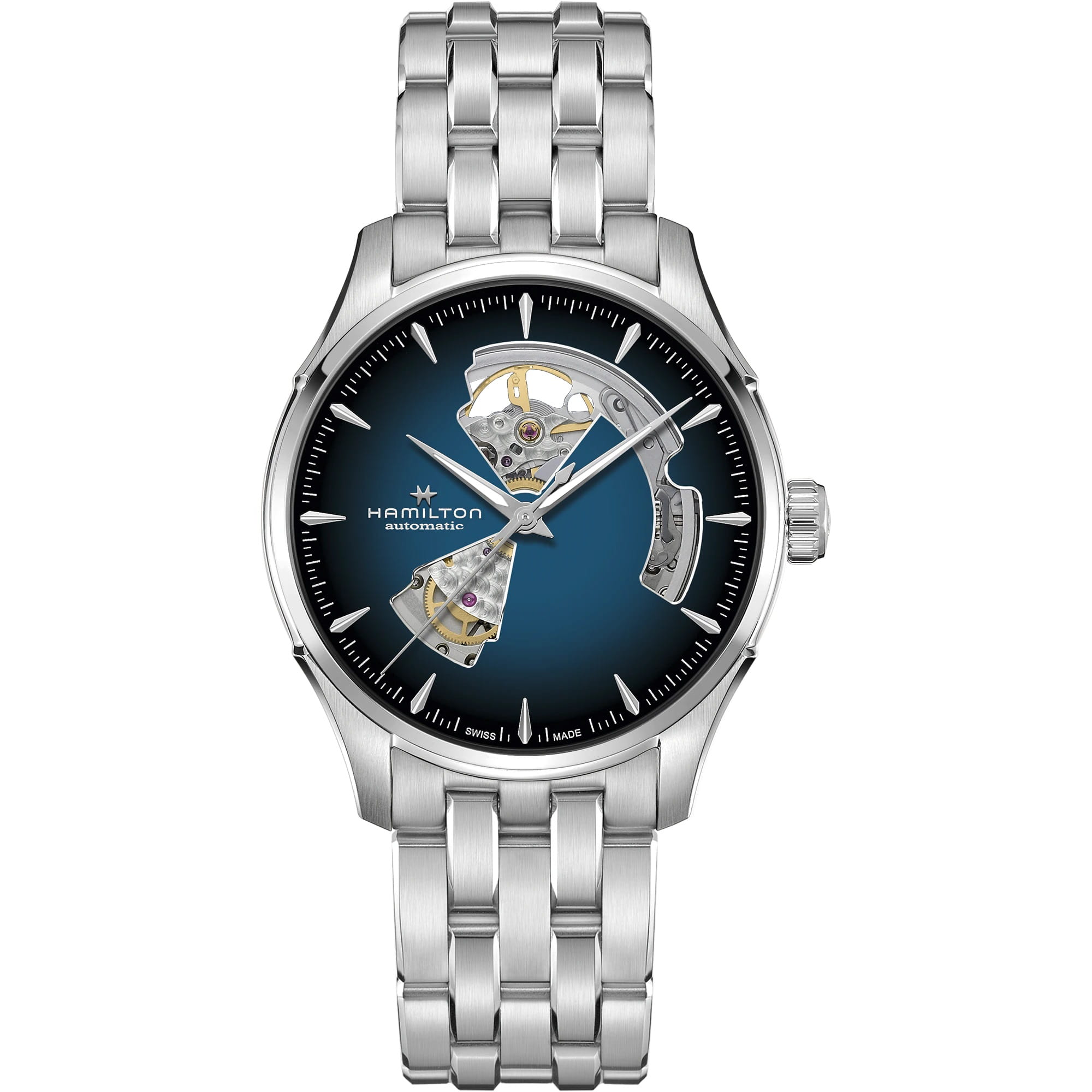 Hamilton Hamilton Jazzmaster Open Heart Auto H32675140  H32675140 механические мужские часы синий циферблат, браслет нержавеющая сталь — вид спереди