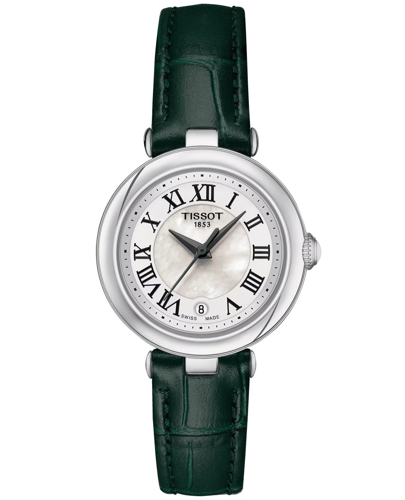 Tissot Tissot Bellissima T126.010.16.113.02 Small T1260101611302 кварцевые женские часы белый циферблат, браслет кожаный — вид спереди