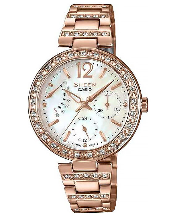 Casio Casio Sheen SHE-3043PG-7A  SHE-3043PG-7A кварцевые женские часы перламутровый циферблат, браслет нержавеющая сталь с ip-покрытием — вид спереди