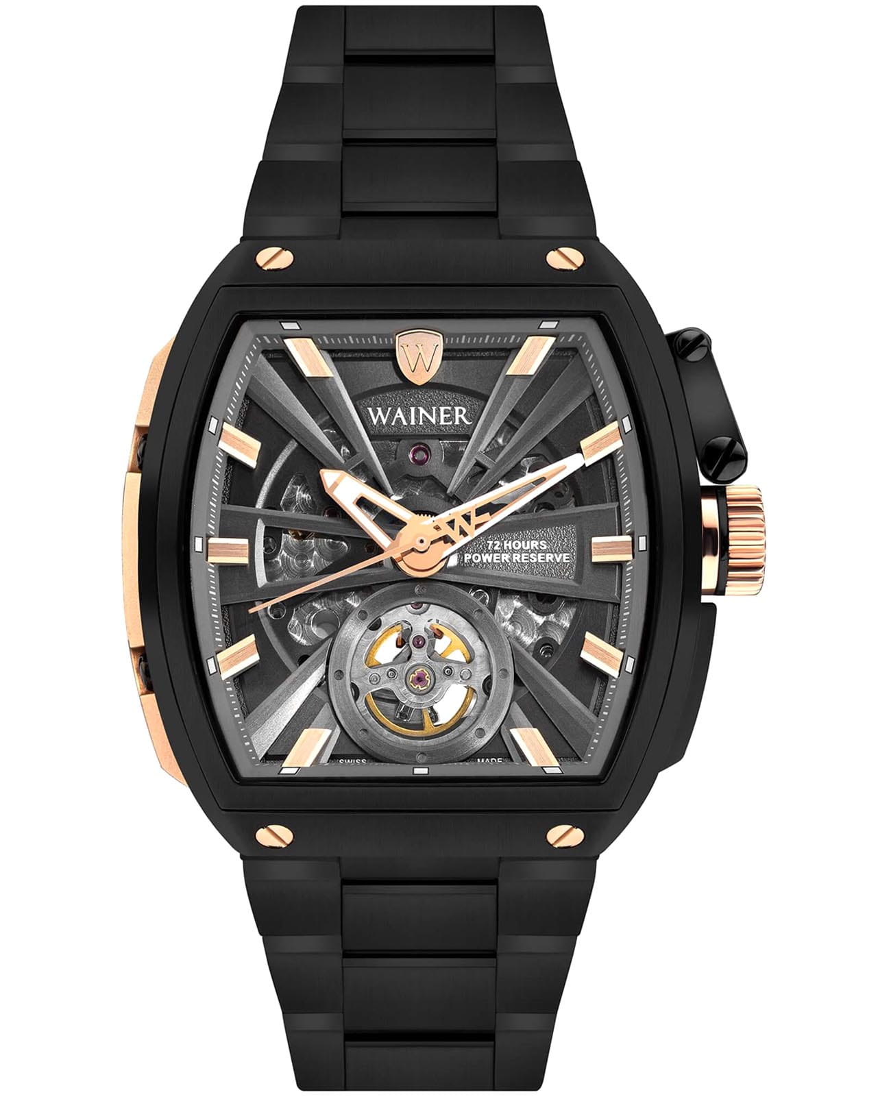 Wainer Wainer Automatic WA.25150-B  WA.25150-B механические мужские часы черный циферблат, браслет нержавеющая сталь с pvd-покрытием — вид спереди