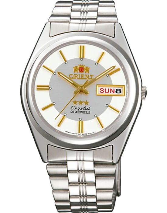 Orient Orient 3 Stars FAB04002W  FAB04002W механические мужские часы белый циферблат, браслет нержавеющая сталь — вид спереди