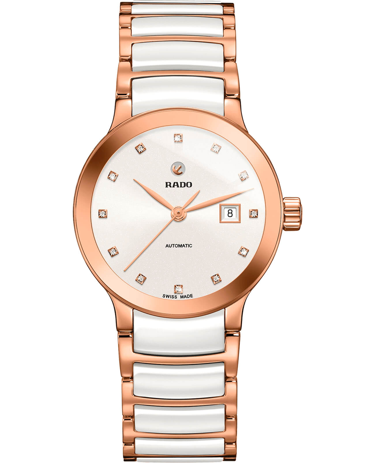 Rado Rado Centrix Automatic Diamonds R30183742 Automatic R30183742 механические женские часы белый циферблат, браслет сталь + pvd + керамика — вид спереди