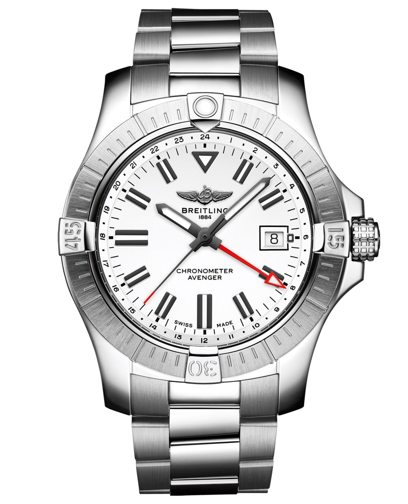 Breitling Breitling Avenger Automatic GMT 43 A32397101A1A1  A32397101A1A1 механические мужские часы белый циферблат, браслет нержавеющая сталь — вид спереди