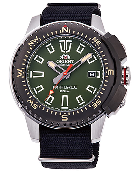 Orient Orient M-Force RA-AC0N03E  (RN-AC0N03E)  RA-AC0N03E механические мужские часы зеленый циферблат, браслет тканевый — вид спереди