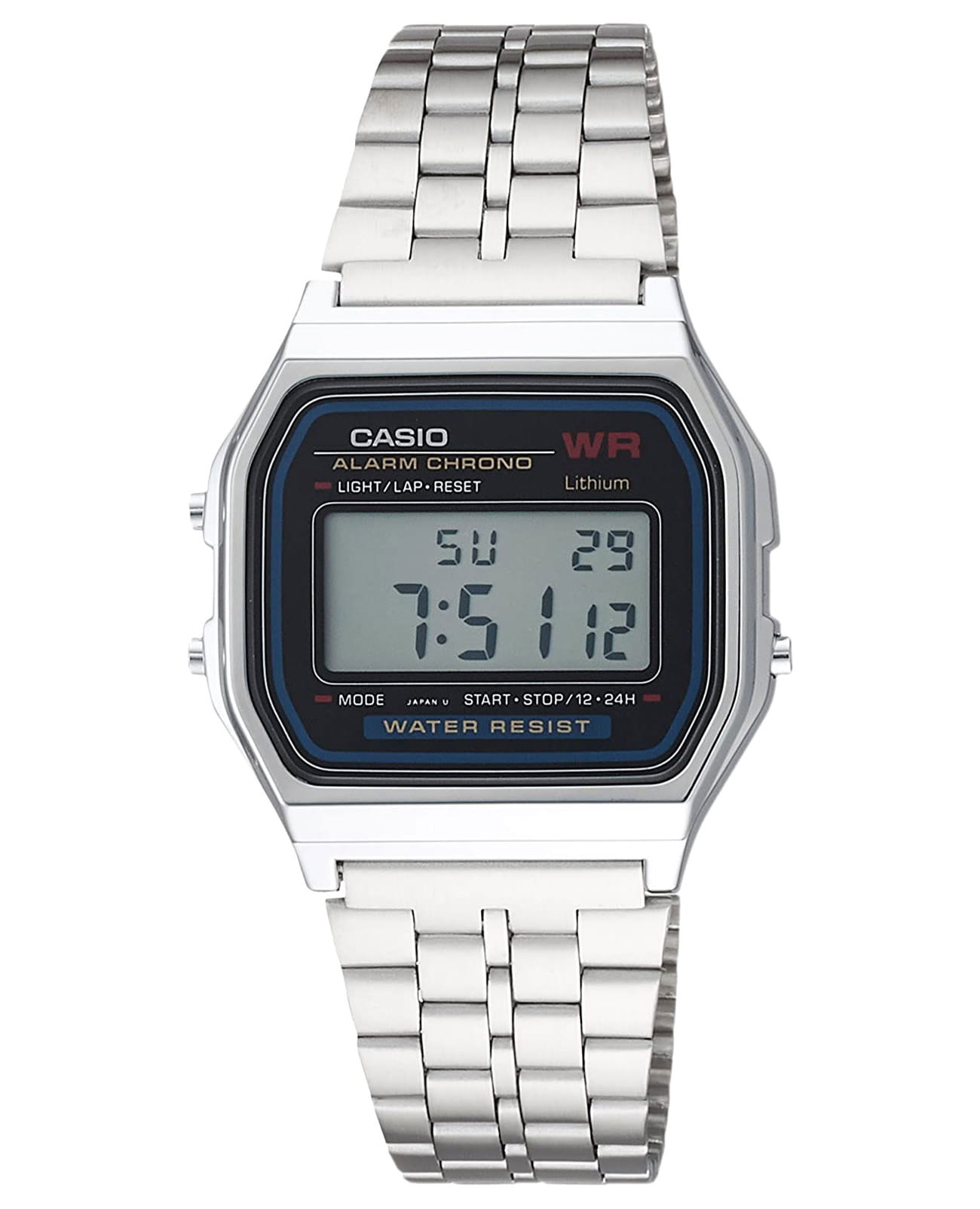 Casio Casio Vintage A-159WA-N1DF (A159WA-N1)  A-159WA-N1DF кварцевые мужские часы цветной циферблат, браслет нержавеющая сталь — вид спереди