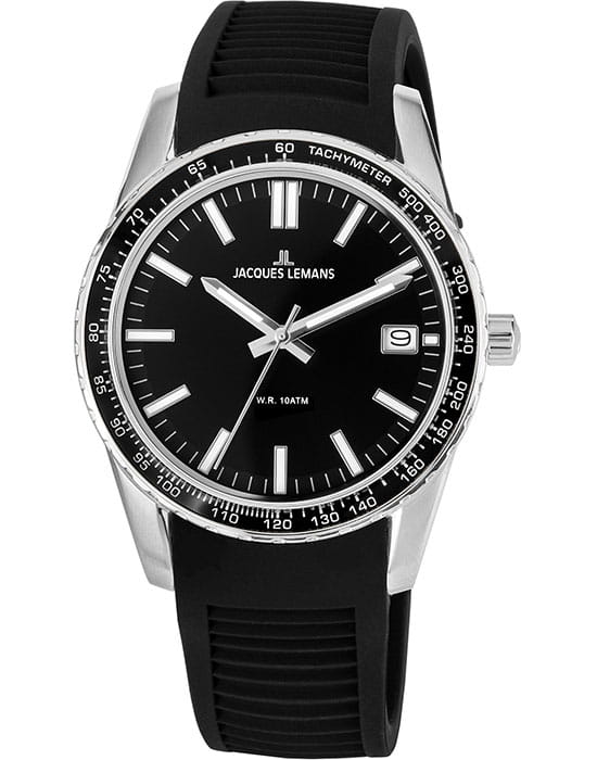Jacques Lemans Jacques Lemans Liverpool 1-2060A  1-2060A кварцевые мужские часы черный циферблат, браслет силикон — вид спереди