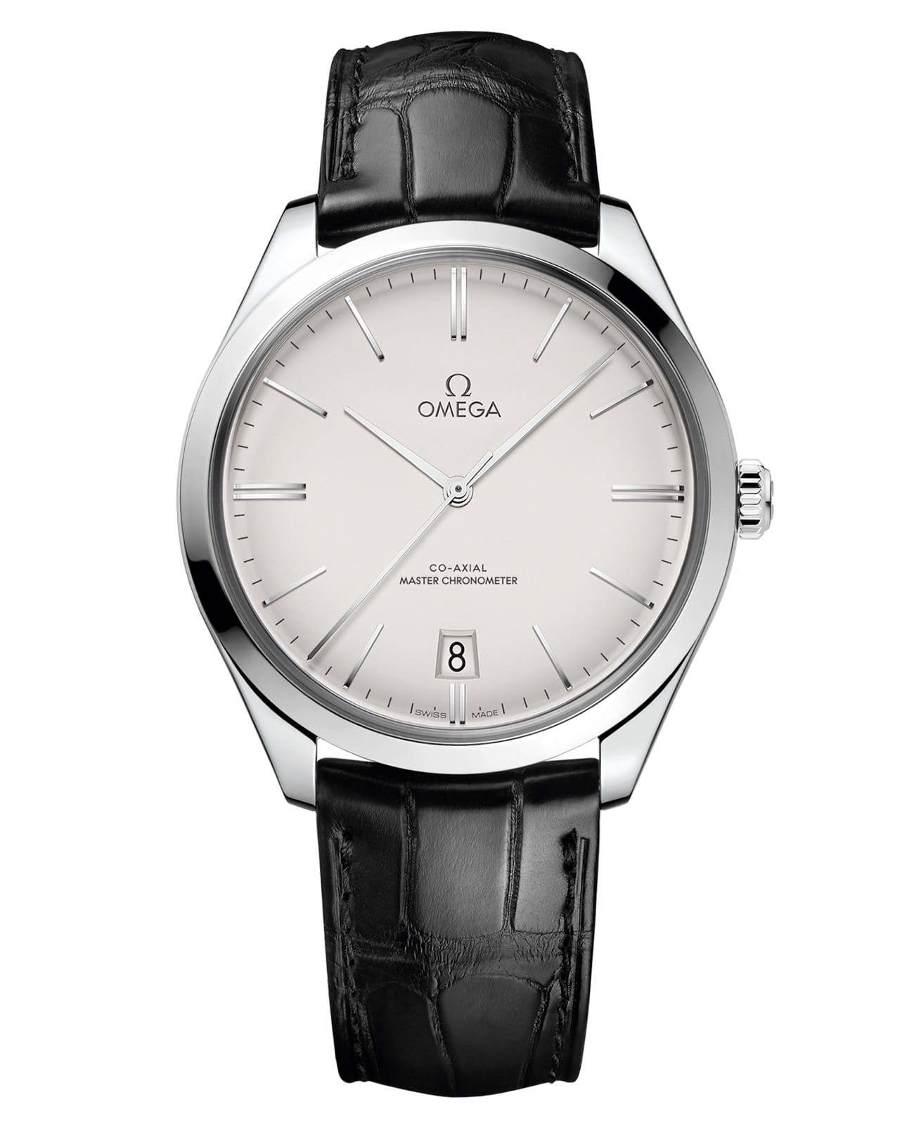 Omega Omega De Ville Tresor 435.13.40.21.02.001  43513402102001 механические мужские часы серебристый циферблат, браслет кожаный — вид спереди