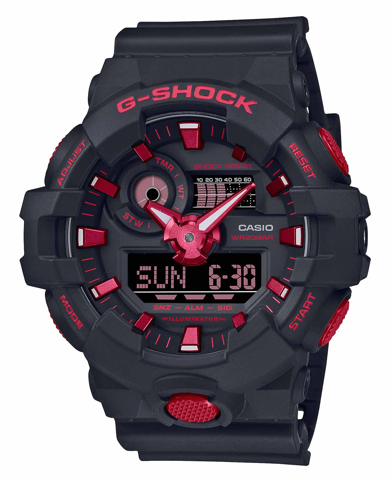Casio Casio G-Shock GA-700BNR-1ADR (GA-700BNR-1A) GA-700 GA-700BNR-1A электронные мужские часы  циферблат, браслет пластик — вид спереди