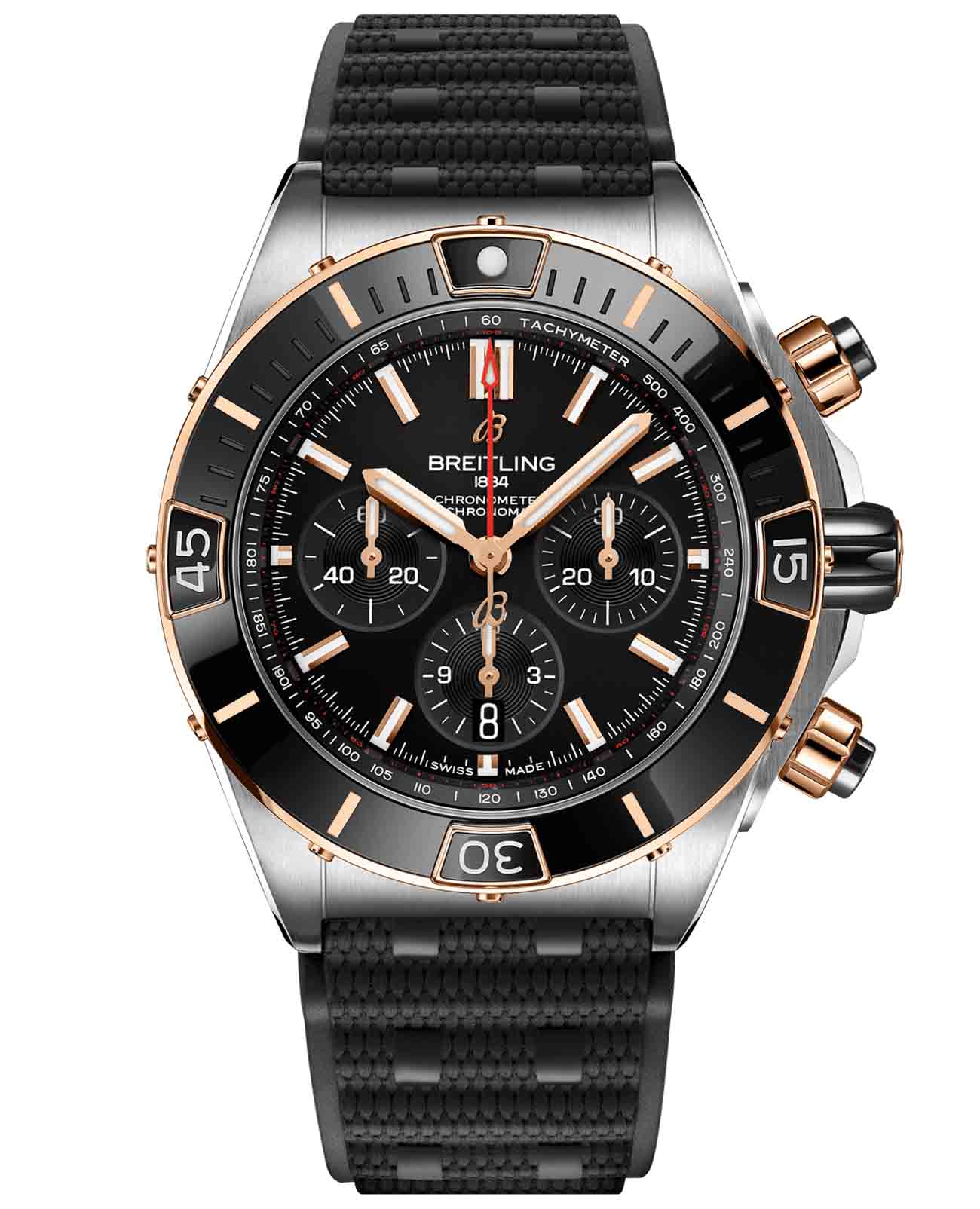 Breitling Breitling Super Chronomat B01 44 UB0136251B1S1  UB0136251B1S1 механические мужские часы черный циферблат, браслет каучук — вид спереди