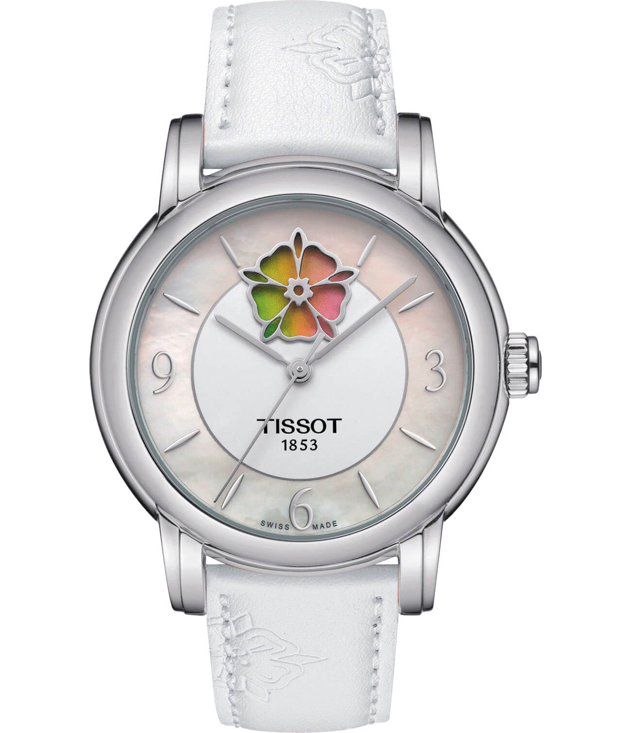 Tissot Tissot Lady Heart Flower Powermatic 80 T050.207.17.117.05  T0502071711705 механические женские часы перламутровый циферблат, браслет кожаный — вид спереди