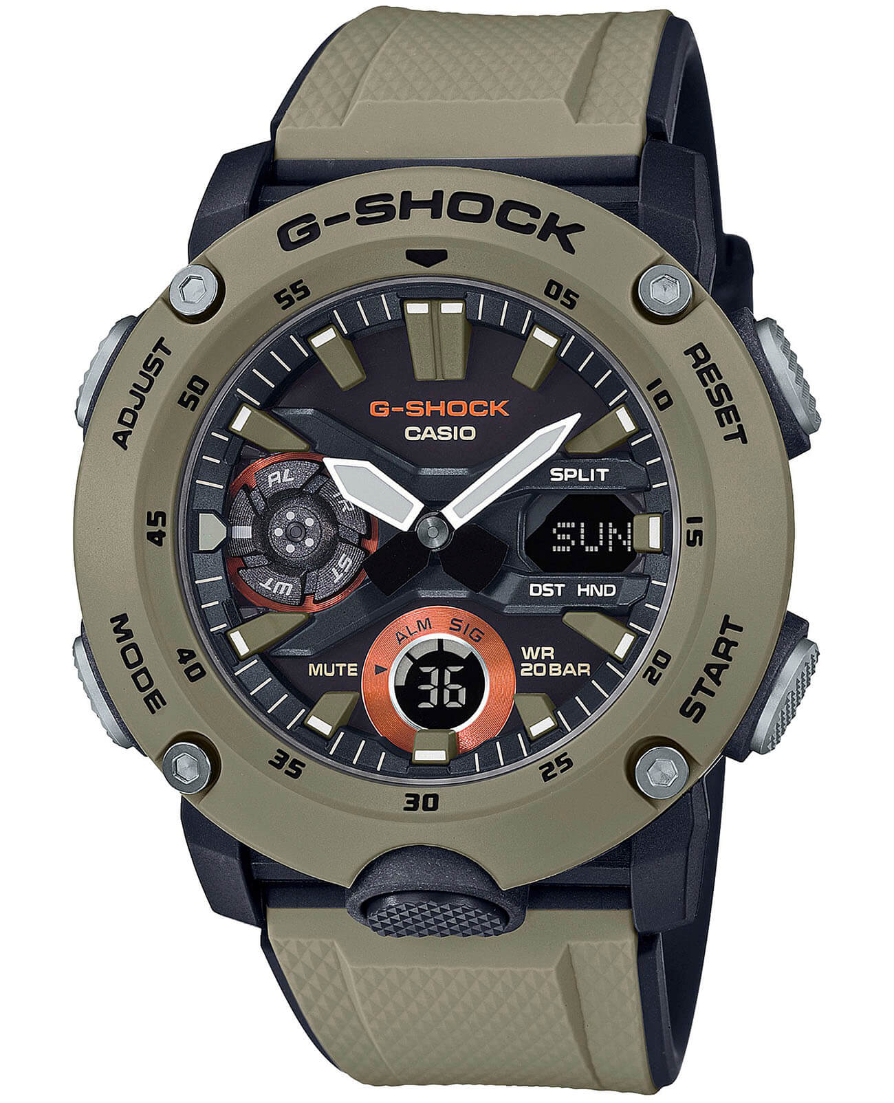 Casio Casio G-Shock GA-2000-5A GA-2000 GA-2000-5A электронные мужские часы черный циферблат, браслет пластик — вид спереди