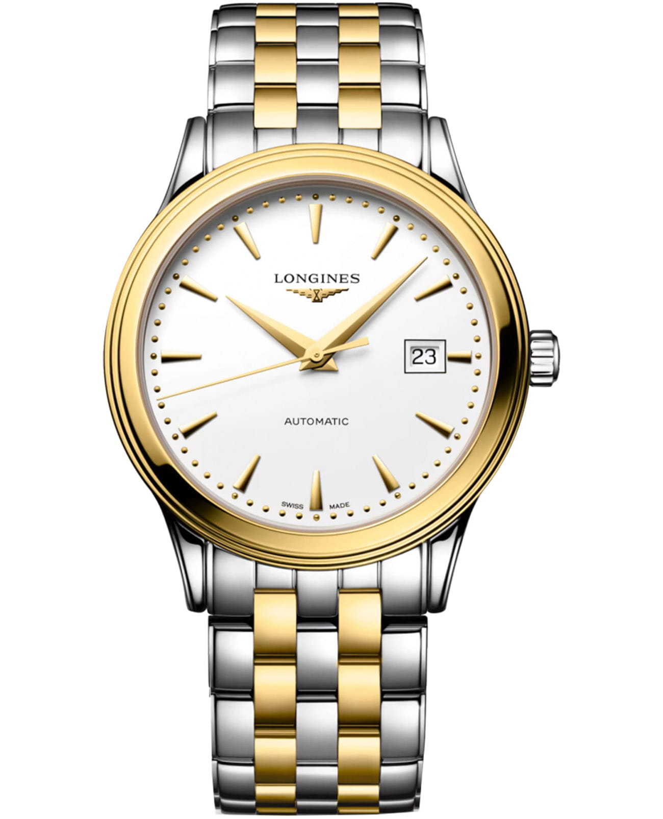 Longines Longines Flagship L4.984.3.20.7  L49843207 механические мужские часы белый циферблат, браслет сталь c pvd покрытием — вид спереди
