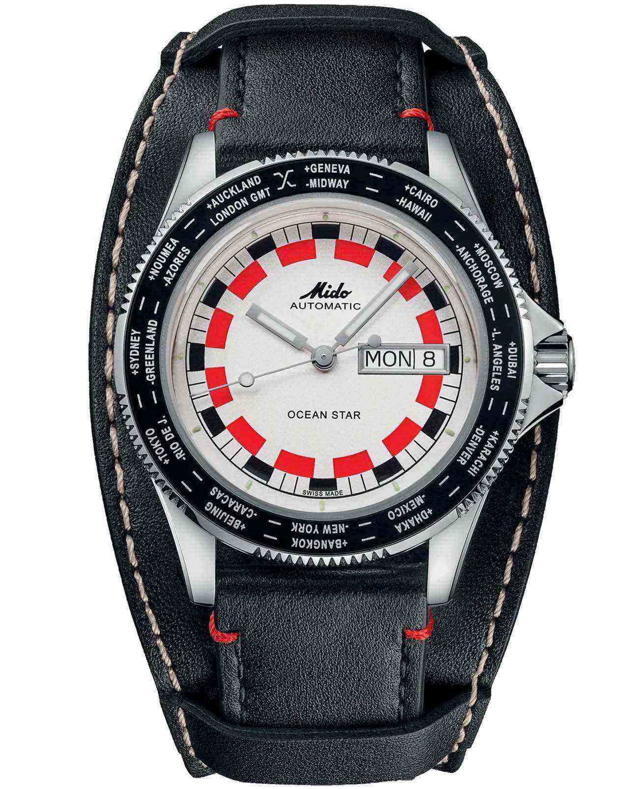 Mido Mido Ocean Star Worldtimer M026.830.16.030.00  M0268301603000 механические мужские часы белый циферблат, браслет кожаный — вид спереди