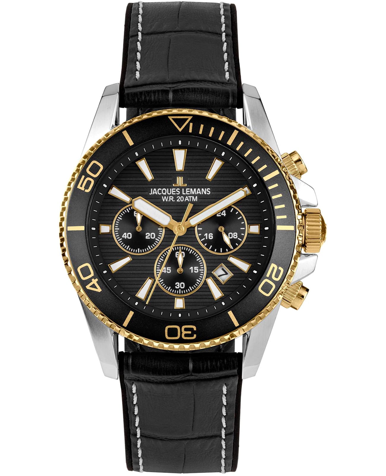 Jacques Lemans Jacques Lemans Liverpool Diver 1-2206F  1-2206F кварцевые мужские часы черный циферблат, браслет кожа + силикон — вид спереди