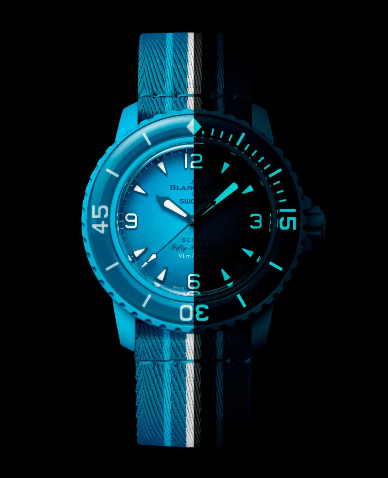 Swatch Swatch x Blancpain Blue Lagoon SO35L400 , наручные мужские часы фото под углом