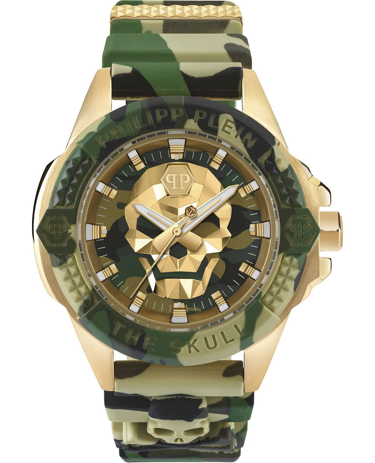 Philipp Plein Philipp Plein The Skull PWAAA0921  PWAAA0921 кварцевые мужские часы зеленый циферблат, браслет силикон — вид спереди