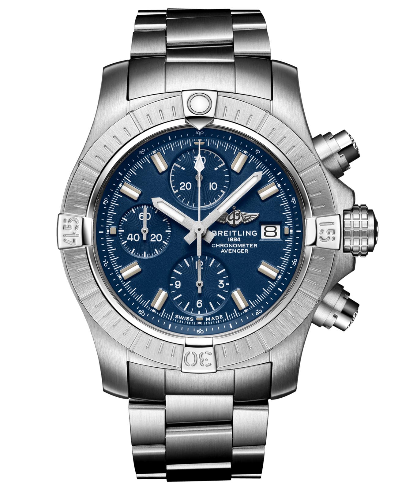 Breitling Breitling Avenger Chronograph 43 A13385101C1A1  A13385101C1A1 механические мужские часы синий циферблат, браслет нержавеющая сталь — вид спереди