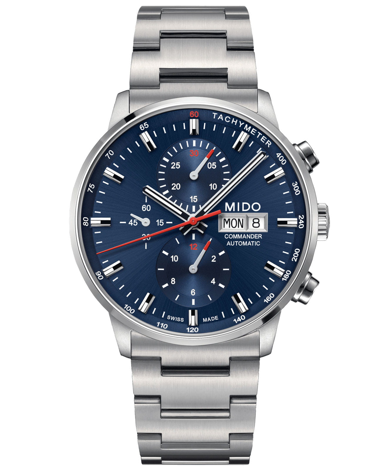 Mido Mido Commander Chronograph M016.414.11.041.00  M0164141104100 механические мужские часы синий циферблат, браслет нержавеющая сталь — вид спереди