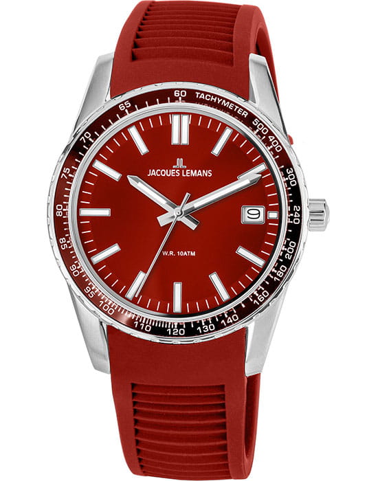 Jacques Lemans Jacques Lemans 1-2060E  1-2060E кварцевые мужские часы красный циферблат, браслет силикон — вид спереди