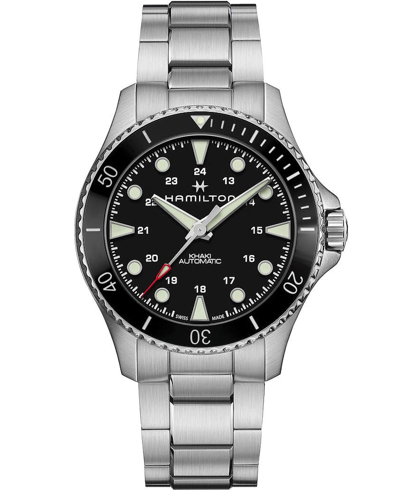 Hamilton Hamilton Khaki Navy Scuba Automatic H82515130  H82515130 механические мужские часы черный циферблат, браслет нержавеющая сталь — вид спереди