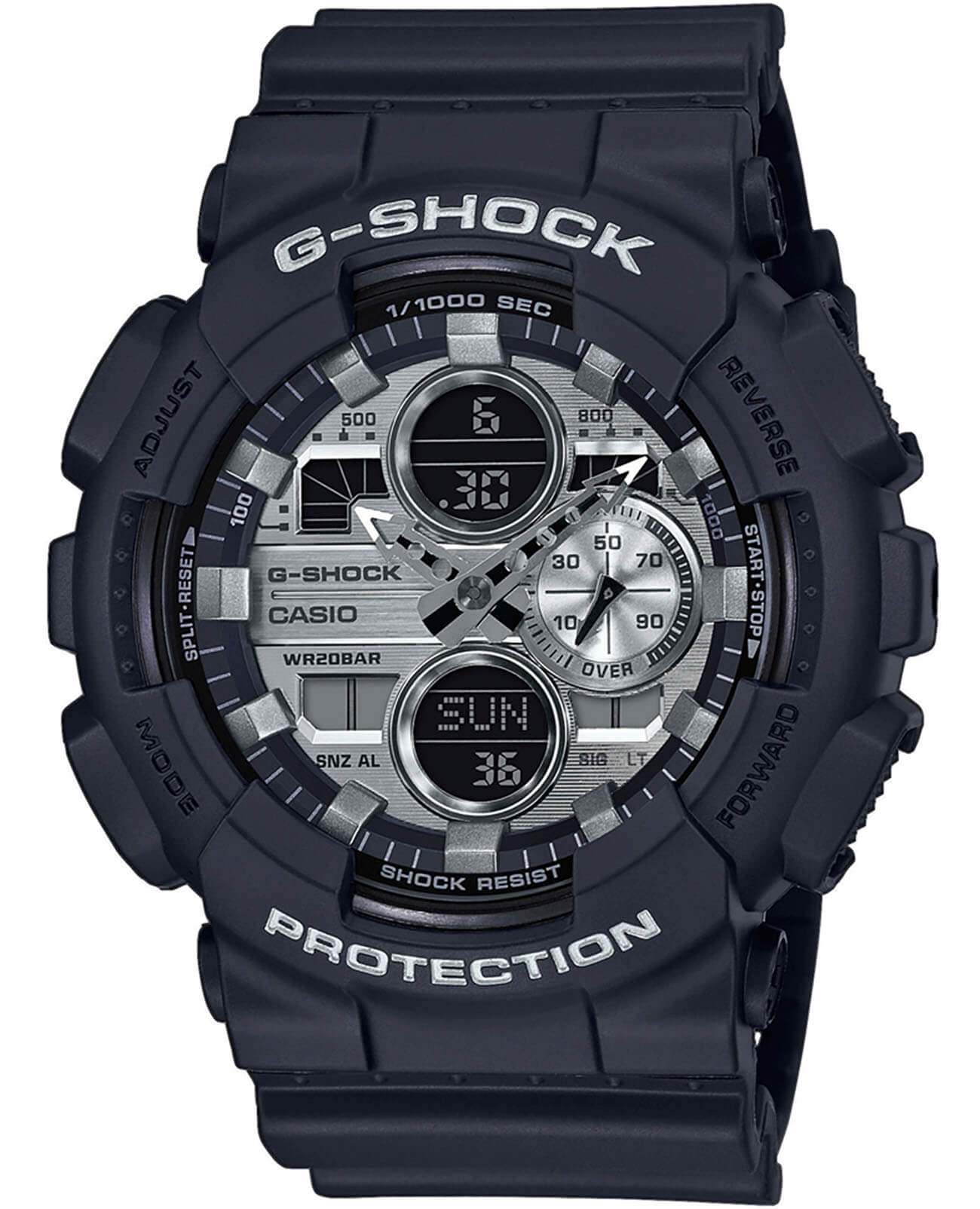 Casio Casio G-Shock GA-140GM-1A1 GA GA-140GM-1A1 электронные мужские часы серебристый циферблат, браслет пластик — вид спереди