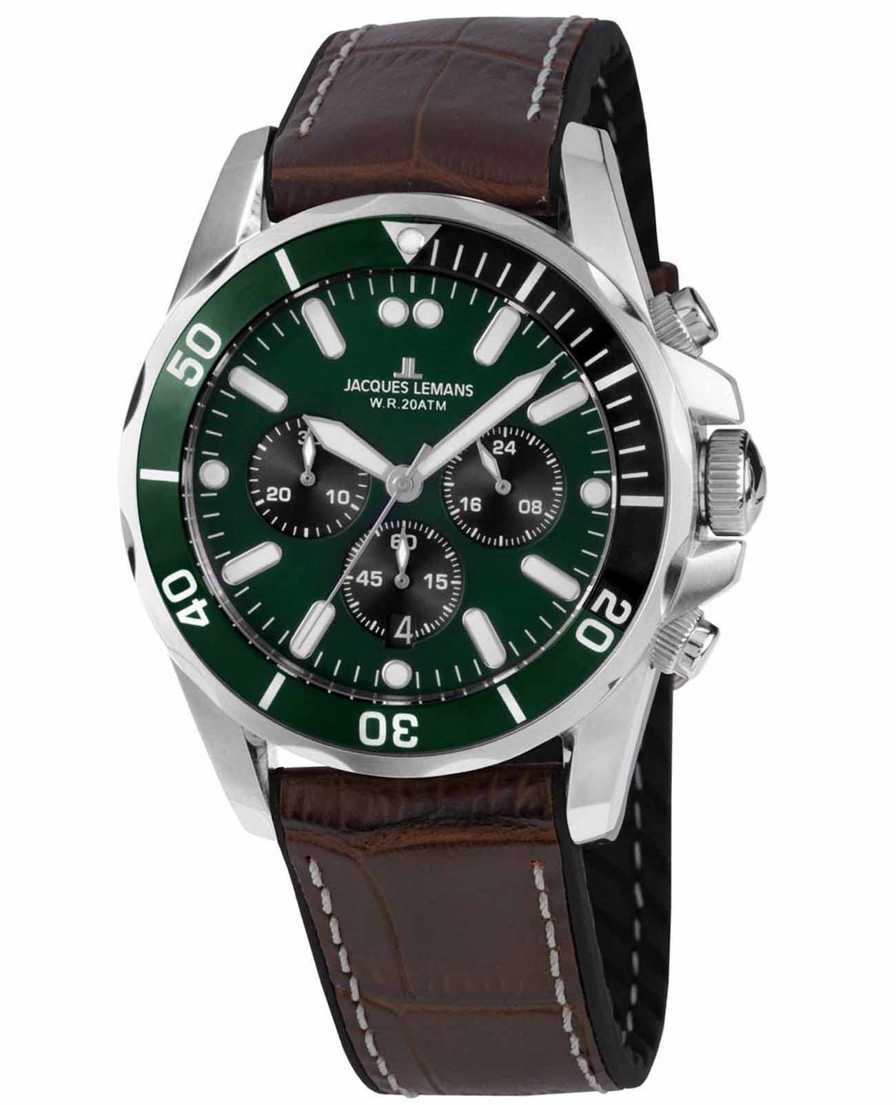 Jacques Lemans Jacques Lemans Sport 1-2091C  1-2091C кварцевые мужские часы зеленый циферблат, браслет кожаный — вид спереди