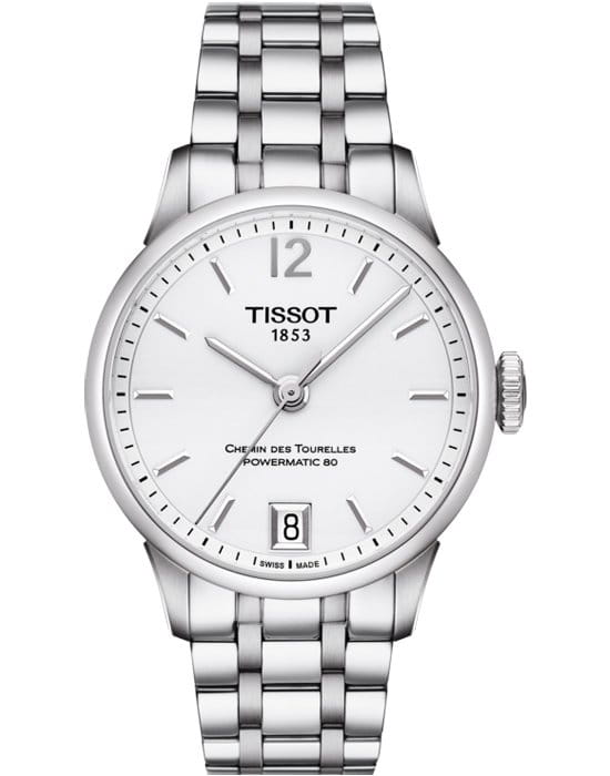 Tissot Tissot Chemin des Tourelles Powermatic 80 Lady T099.207.11.037.00 Chemin des Tourelles T0992071103700 механические женские часы белый циферблат, браслет 18-каратное желтое золото — вид спереди