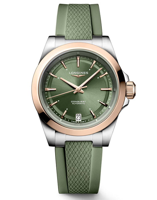 Longines Longines Conquest L3.430.5.02.9  L34305029 механические женские часы зеленый циферблат, браслет каучук — вид спереди