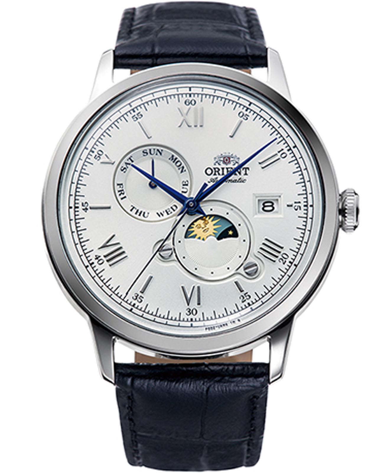 Orient Orient Sun & Moon RA-AK0802S (RN-AK0802S)  RA-AK0802S механические мужские часы белый циферблат, браслет кожаный — вид спереди