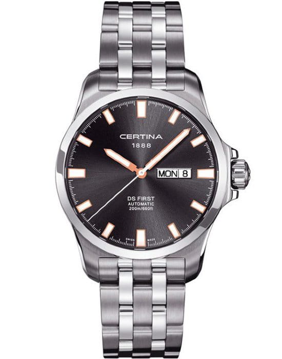 Certina Certina DS First Automatic C014.407.11.081.01 DS First C0144071108101 механические мужские часы серый циферблат, браслет 18-каратное желтое золото — вид спереди
