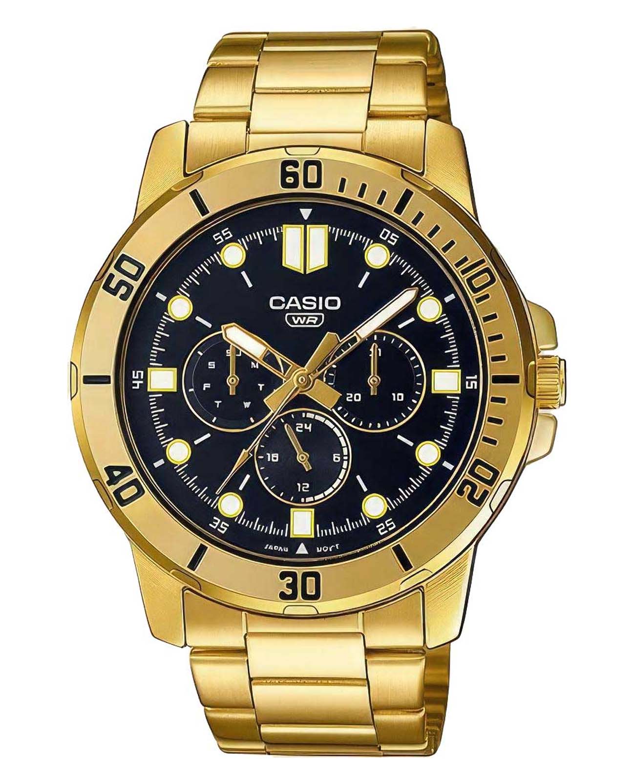 Casio Casio Collection MTP-VD300G-1EUDF (MTP-VD300G-1E)  MTP-VD300G-1E кварцевые мужские часы черный циферблат, браслет сталь с ip покрытием — вид спереди