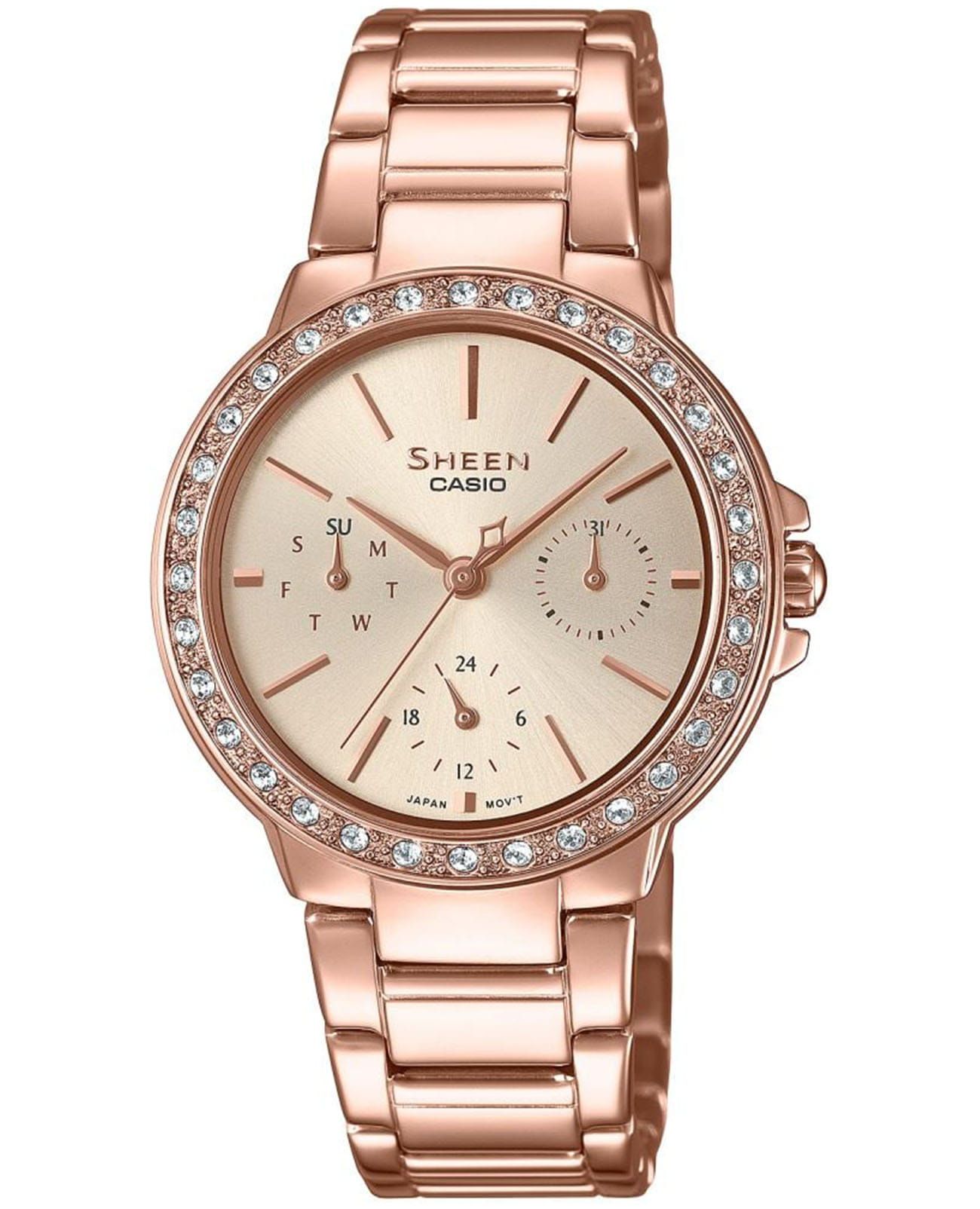 Casio Casio Sheen SHE-3069PG-9AUDF  SHE-3069PG-9AUDF кварцевые женские часы розовый циферблат, браслет сталь с ip покрытием — вид спереди