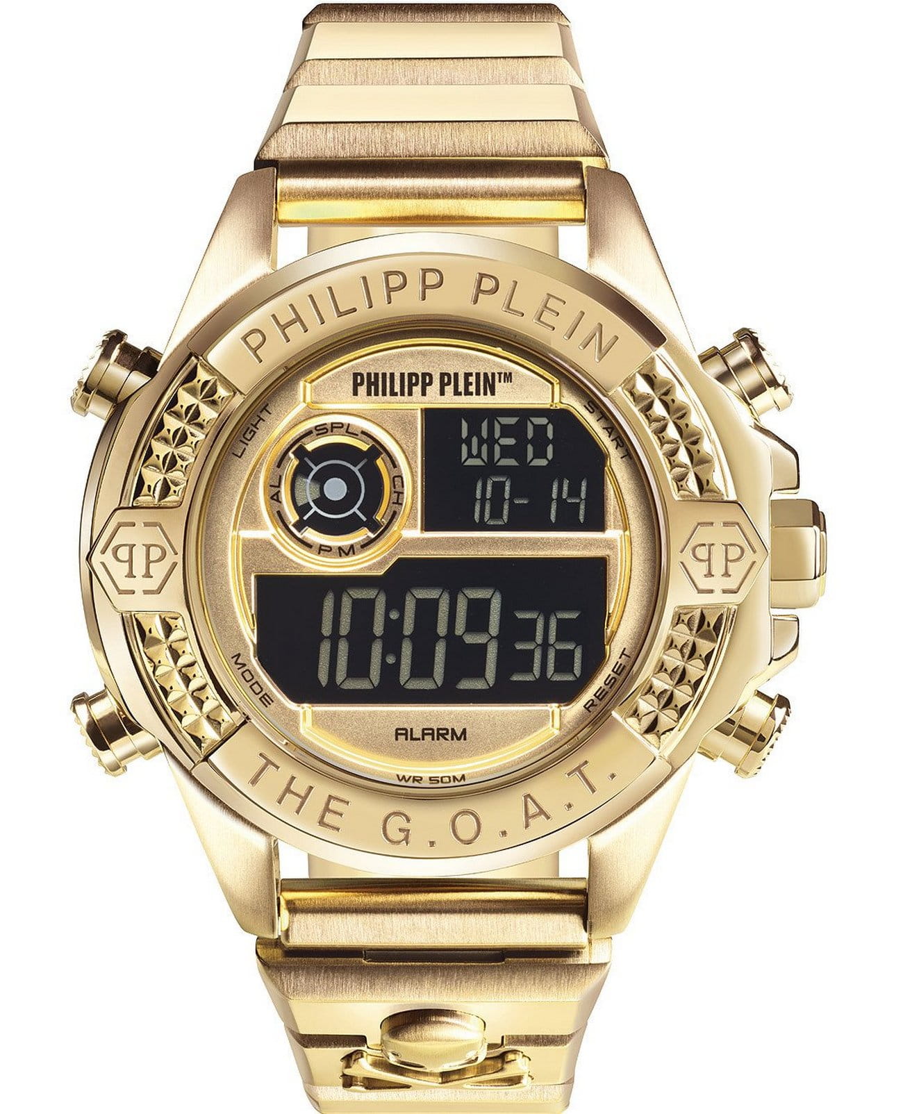 Philipp Plein Philipp Plein The G.O.A.T. PWFAA0321  PWFAA0321 кварцевые мужские часы золотой циферблат, браслет нержавеющая сталь — вид спереди