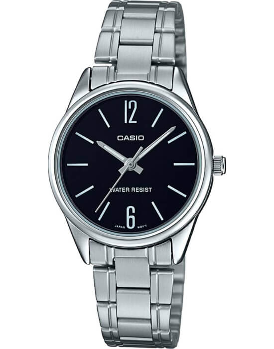 Casio Casio LTP-V005D-1B  LTP-V005D-1B кварцевые женские часы черный циферблат, браслет нержавеющая сталь — вид спереди