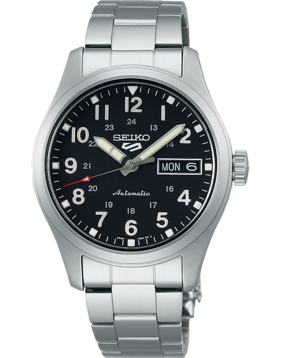 Seiko Seiko 5 Sports SRPJ81K1  SRPJ81K1 механические мужские часы черный циферблат, браслет нержавеющая сталь — вид спереди