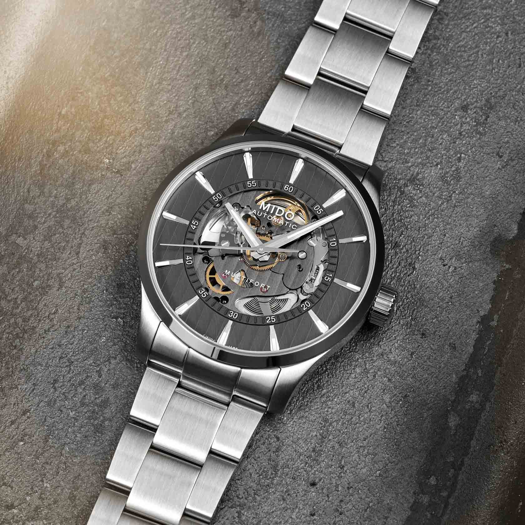 Mido Mido Multifort Skeleton Vertigo M038.436.11.061.00 механические мужские часы часы крупный план серый циферблата